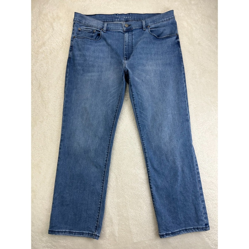 Mott & Bow Straight Jeans Mens 38x30 Blue Denim Whisker 5 Pocket Stretch Comfort